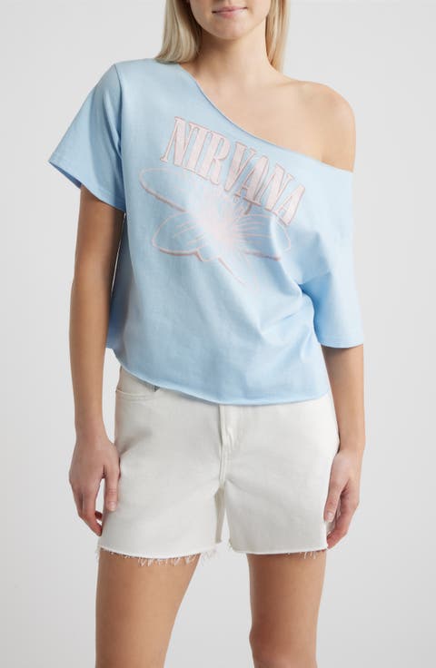 Nirvana Graphic Print Off the Shoulder Cotton T-Shirt