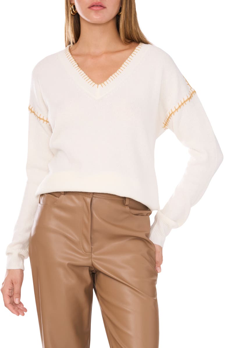 Vince Camuto Whipstitch V-Neck Sweater, Main, color, Antique White