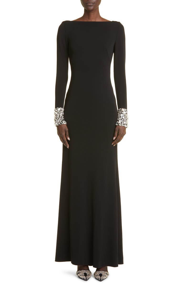 McQueen Crystal Shard Long Sleeve Crepe Jersey Maxi Dress, Main, color, 