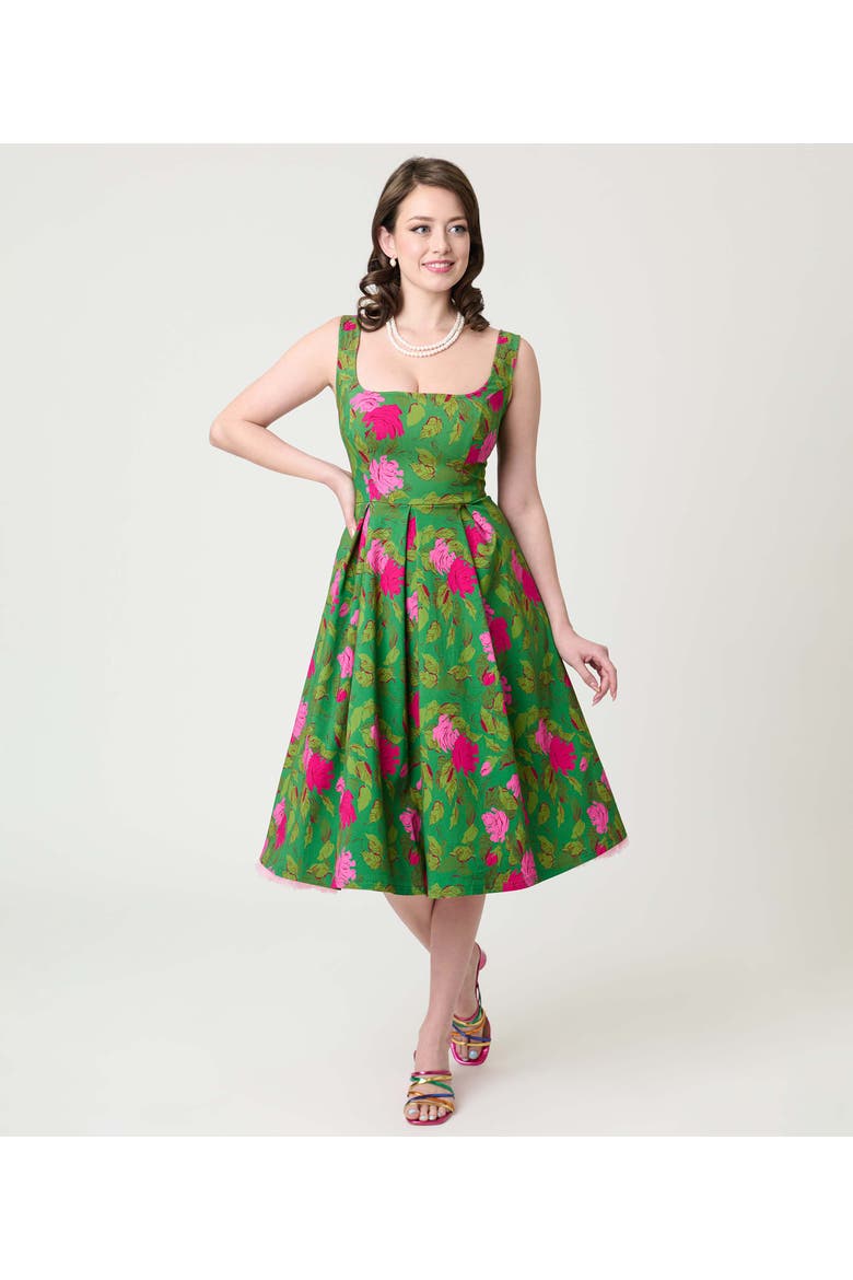 Square Neck Pleated Swing Dress, Alternate, color, Green W/Pink Floral