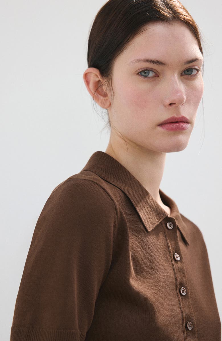 MANGO Short Sleeve Jersey Polo Sweater, Alternate, color, Chocolate