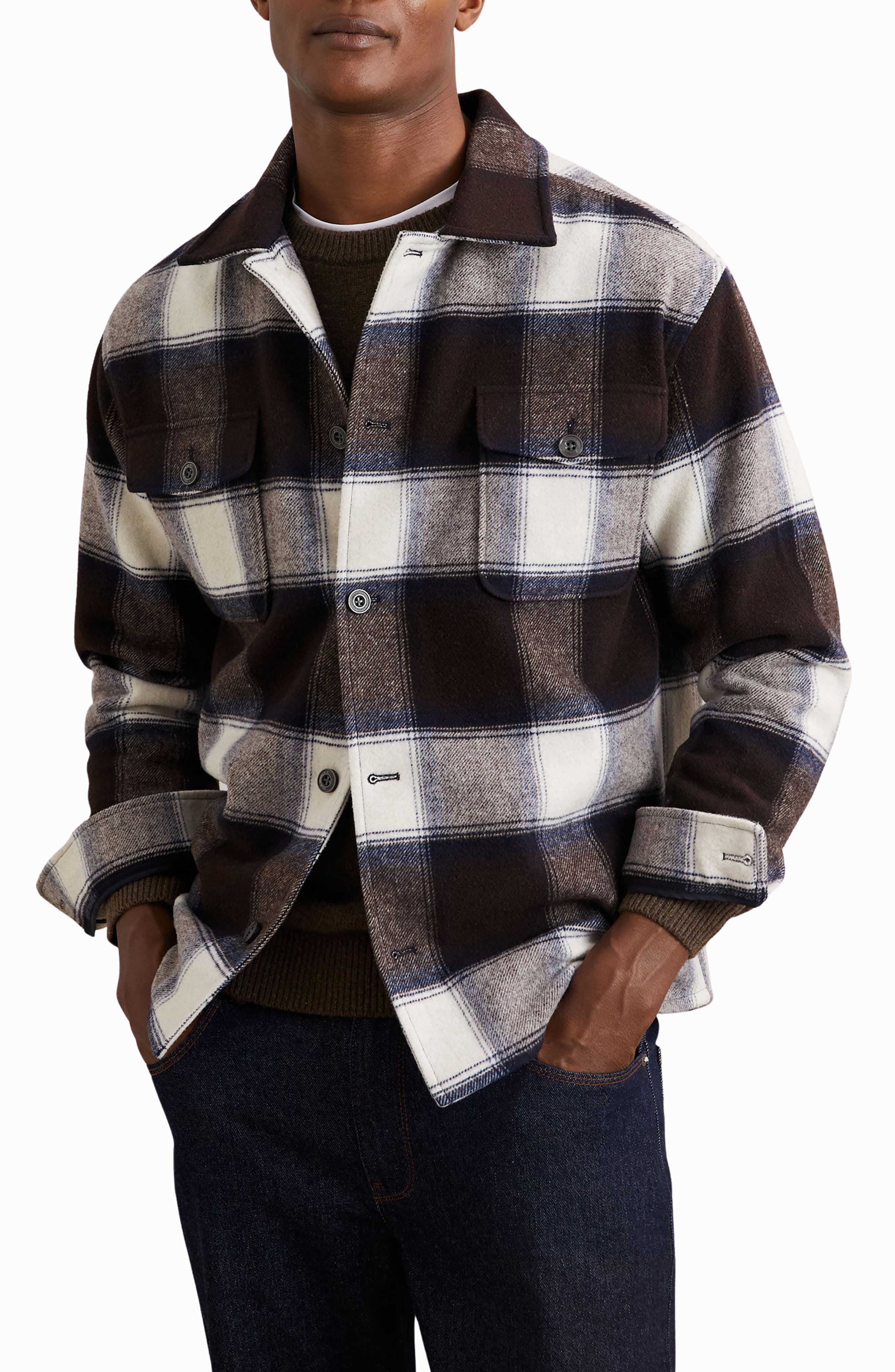Reiss Mcfadden Check Wool Blend Flannel Overshirt In Brown