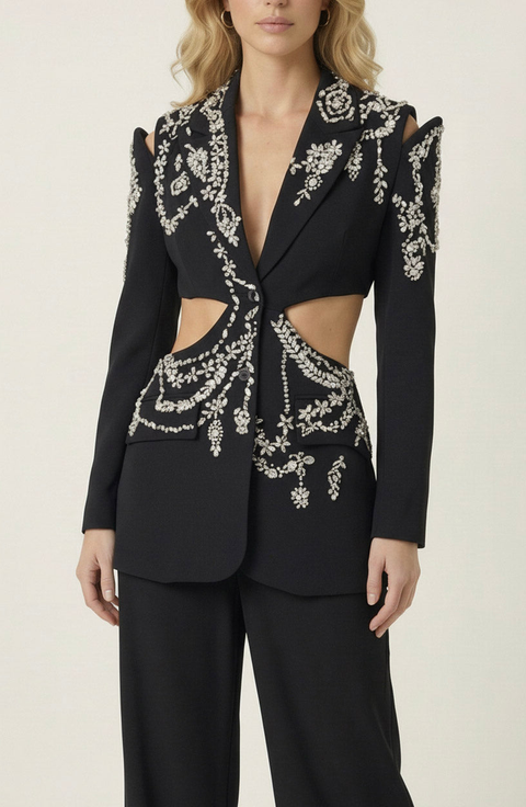 Sculptured Embellished Cutout Blazer with Crystal Detailing