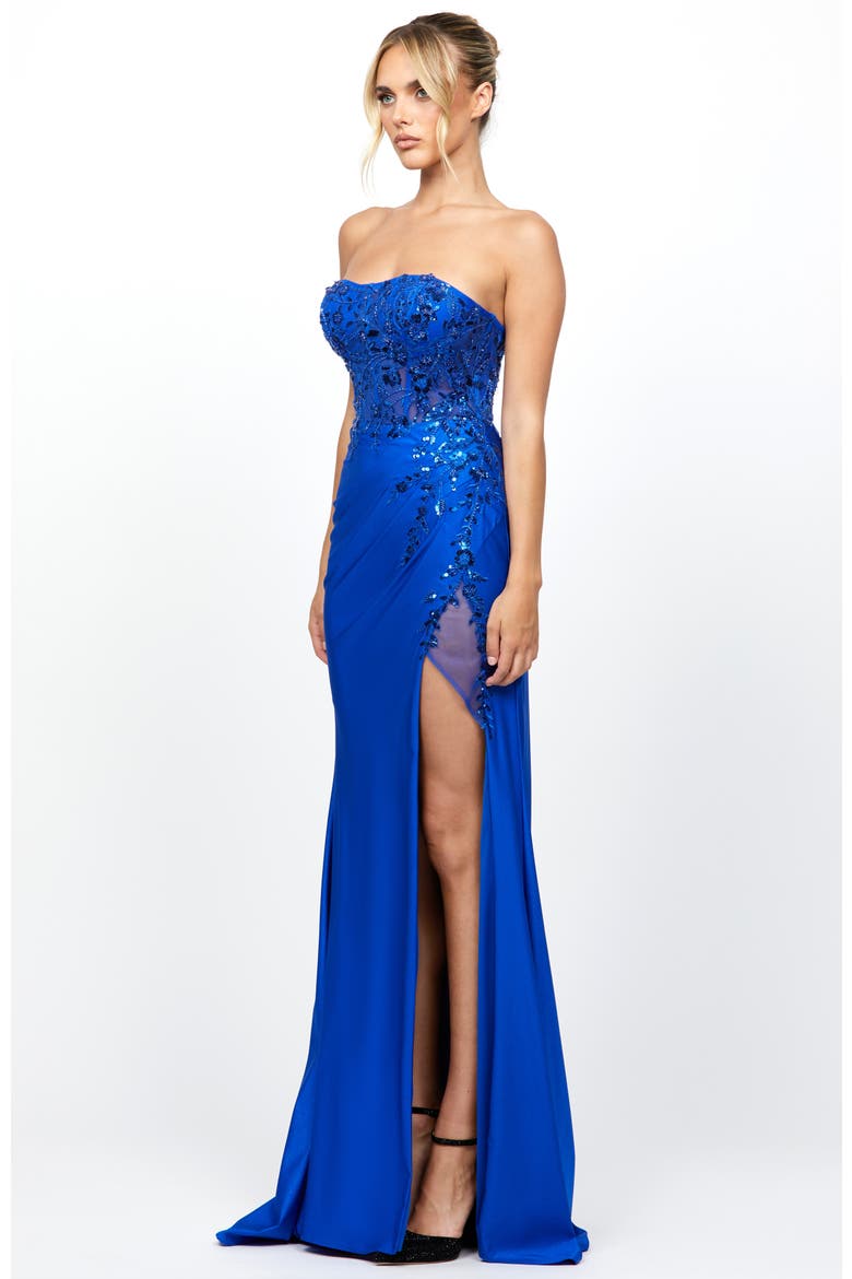 Madeleine Strapless High Split Gown, Alternate, color, COBALT