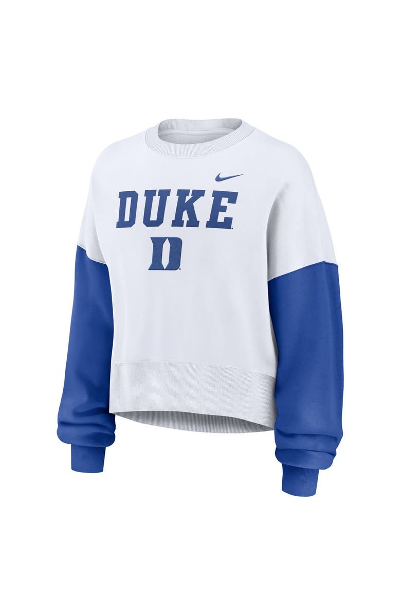 Nike Women's Nike White Duke Blue Devils Color-Block Oversized Cropped Pullover Sweatshirt, Alternate, color,