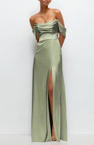 After Six Off the Shoulder Satin Charmeuse Gown with Removable Sleeves