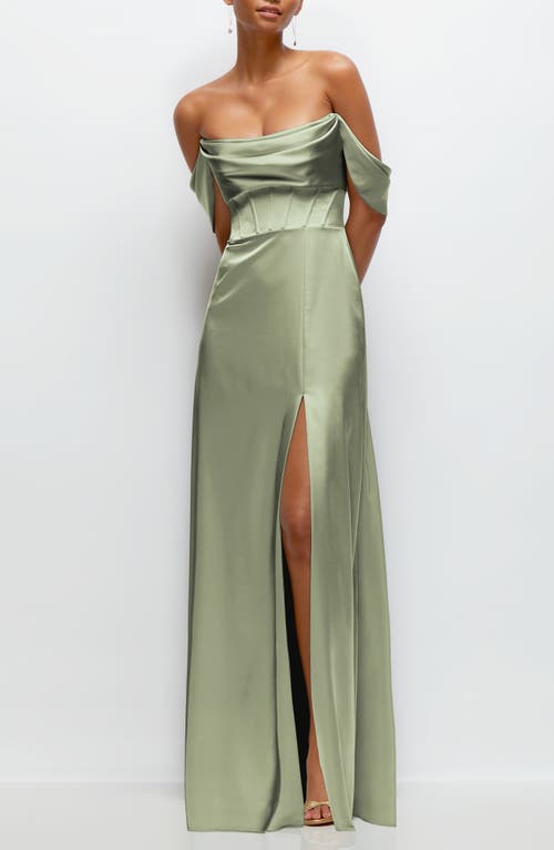 Shop After Six Off The Shoulder Satin Charmeuse Gown With Removable Sleeves In Sage