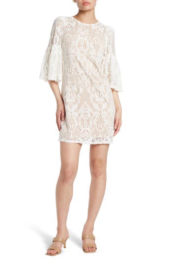 Tash And Sophie Quarter Wide Sleeve Lace Dress In Ivory/nude
