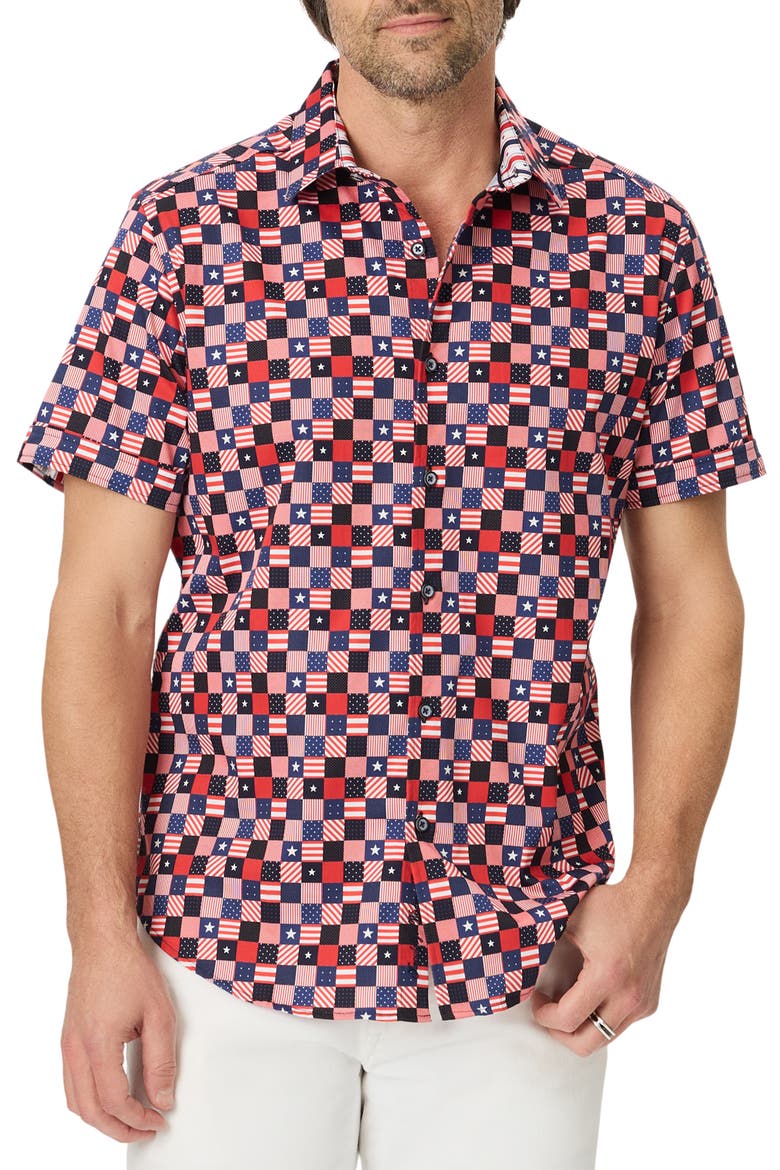 Stars Aligned Short Sleeve Stretch Cotton Button-Up Shirt, Main, color, MULTI