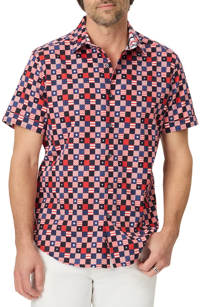 Robert Graham Stars Aligned Short Sleeve Stretch Cotton Button-Up Shirt, Main, color, Multi