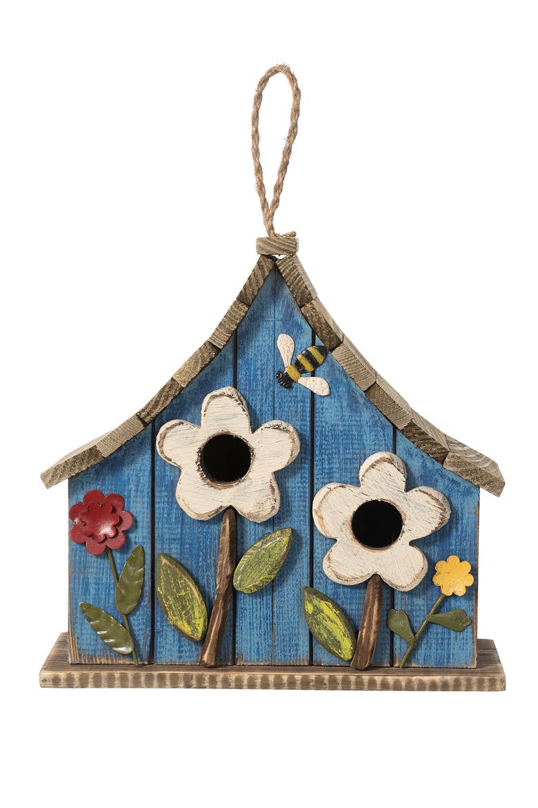 Distressed Solid Wood Birdhouse with 3D Flowers, Alternate, color, Blue