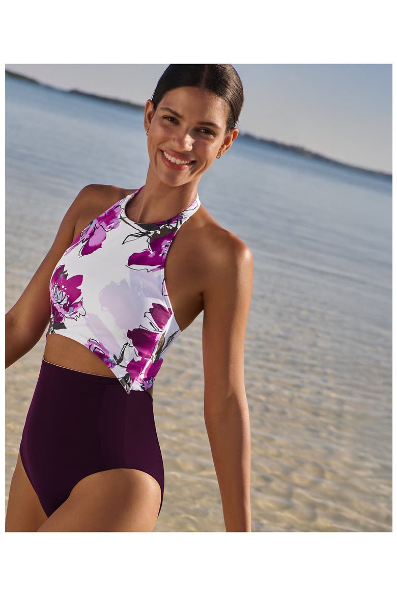 Tugless Halter Monokini High Leg One Piece Swimsuit, Alternate, color, Egret/Berry Etched Floral