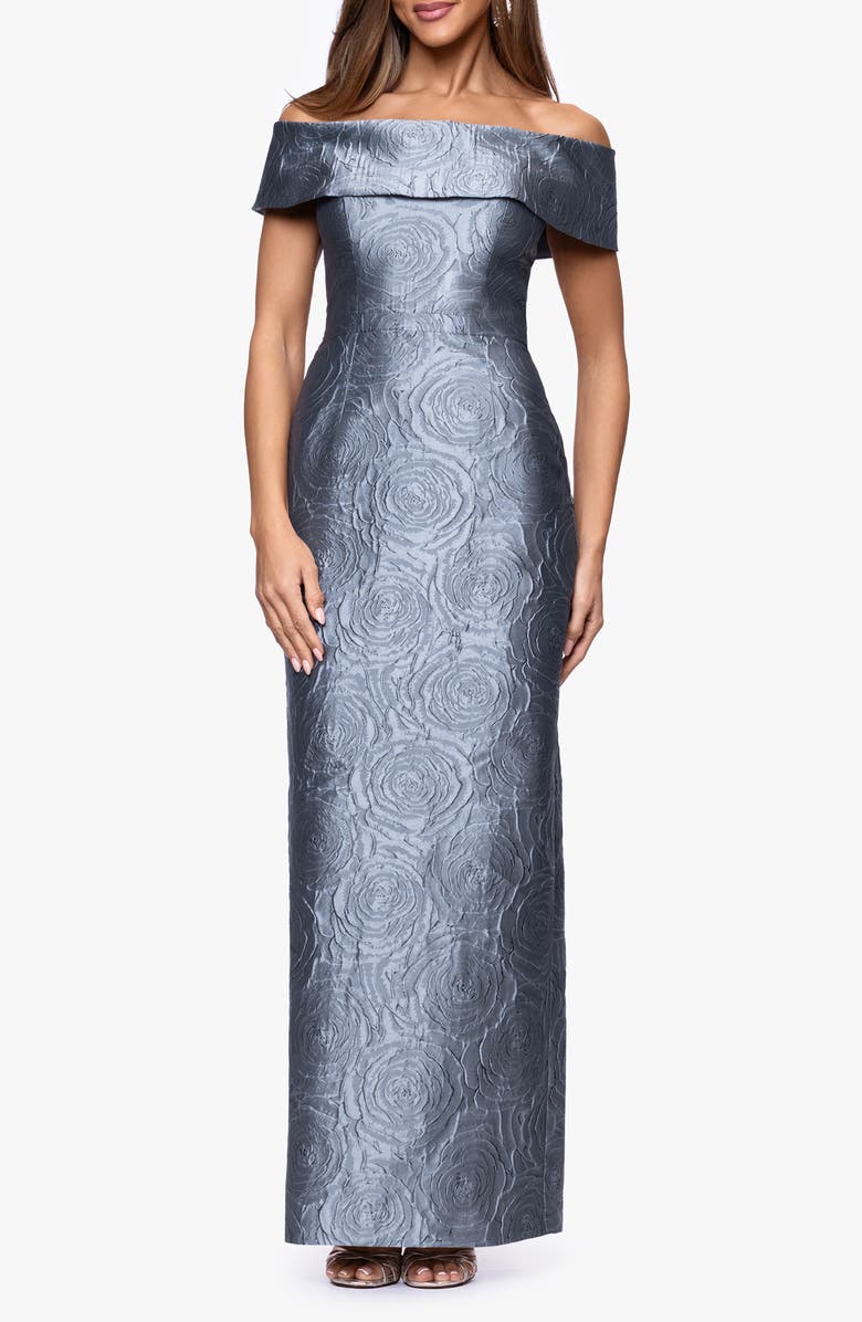 Xscape Evenings Metallic Jacquard Off the Shoulder Gown, Main, color, Slate