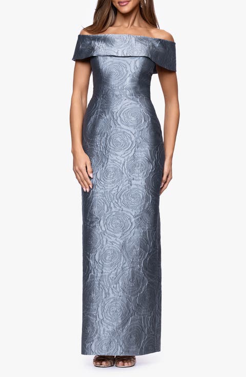 Metallic Jacquard Off the Shoulder Gown