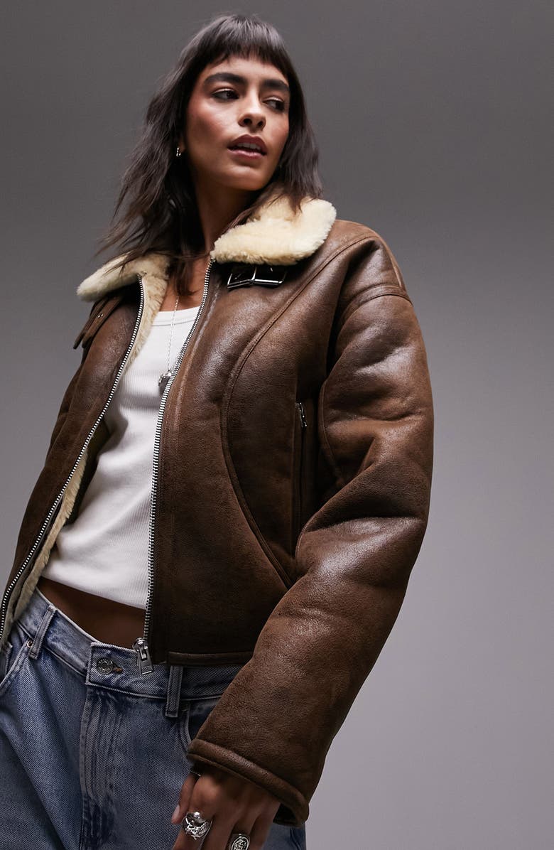 Topshop Faux Shearling Crop Aviator Jacket, Main, color,