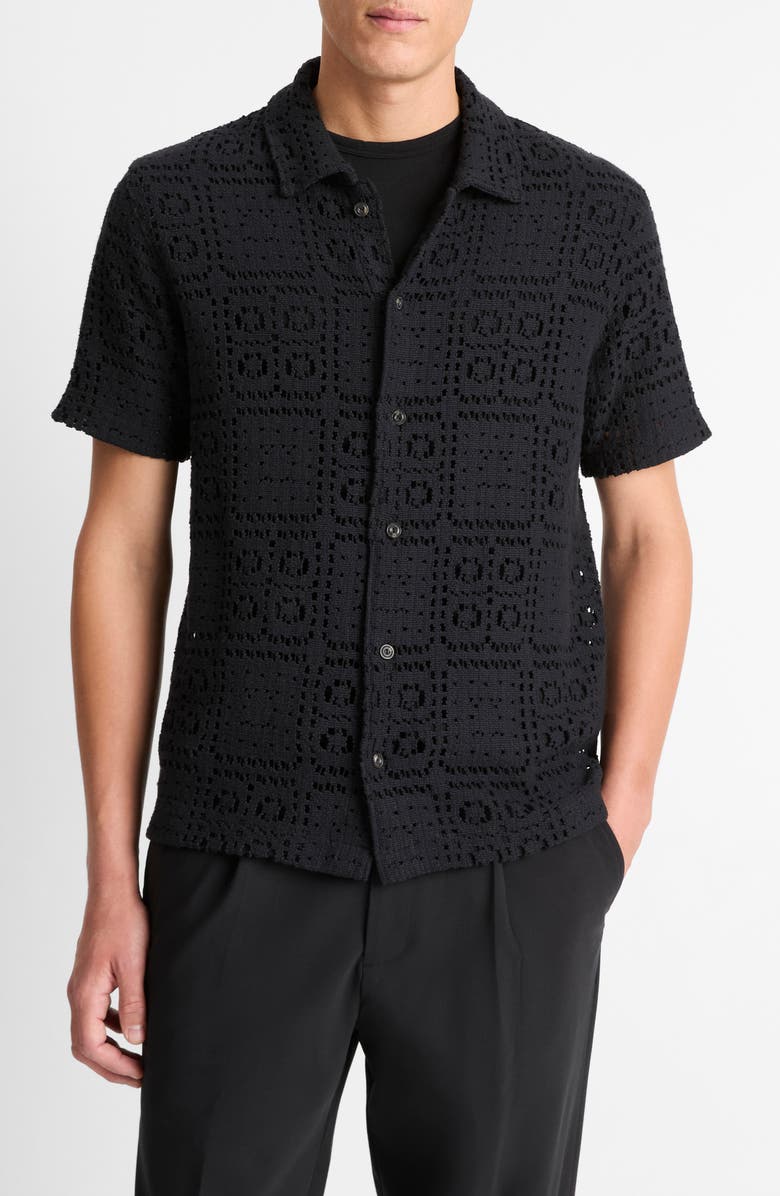 Vince Openwork Short Sleeve Button-Up Shirt, Main, color, Black