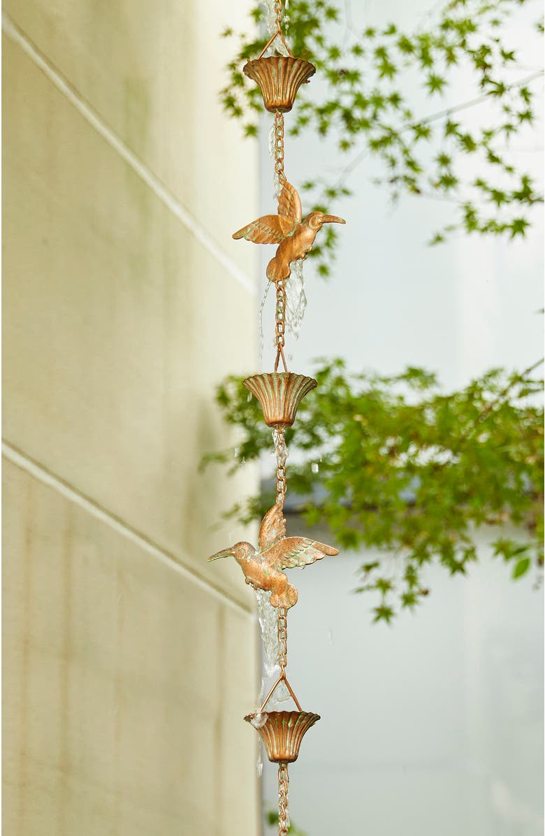 Glitzhome 8.5ft 15-Piece Faux Copper Patina Finish Bird and Cup Shaped Rain Chain with V-Shaped Gutter Clip, Alternate, color, Gold