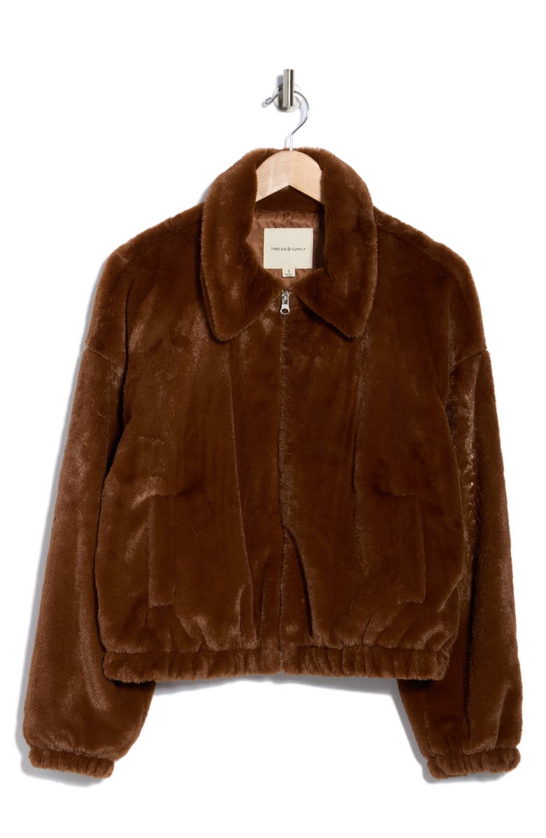 Thread & Supply Faux Fur Zip Bomber Jacket, Alternate, color, Milk Chocolate