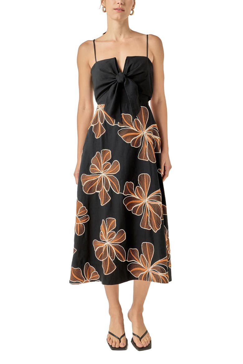 Embroidered Sleeveless Midi Dress, Main, color, BLACK/ ORANGE
