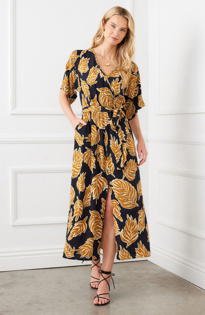 Karen Kane Leaf Print Faux Wrap Midi Dress, Alternate, color, Black Yellow Print