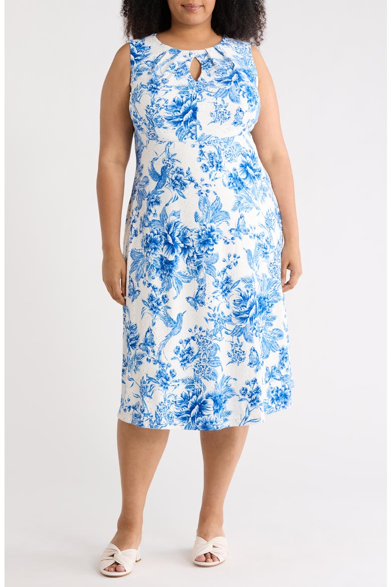 Floral Keyhole A-Line Midi Dress, Main, color, SOFT WHITE/ SKY BLUE