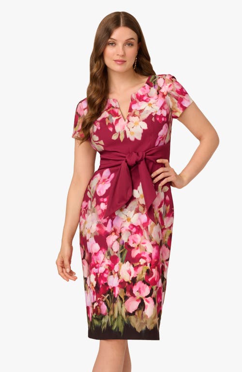 Adrianna Papell Floral Print Tie Front Stretch Twill Sheath Dress In Purple