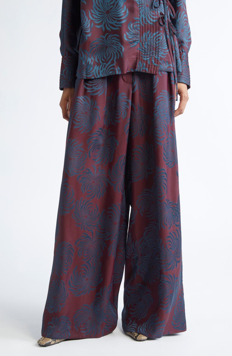 Dries Van Noten Pamplona Jacquard Pleated Wide Leg Pants, Main, color, Burgundy