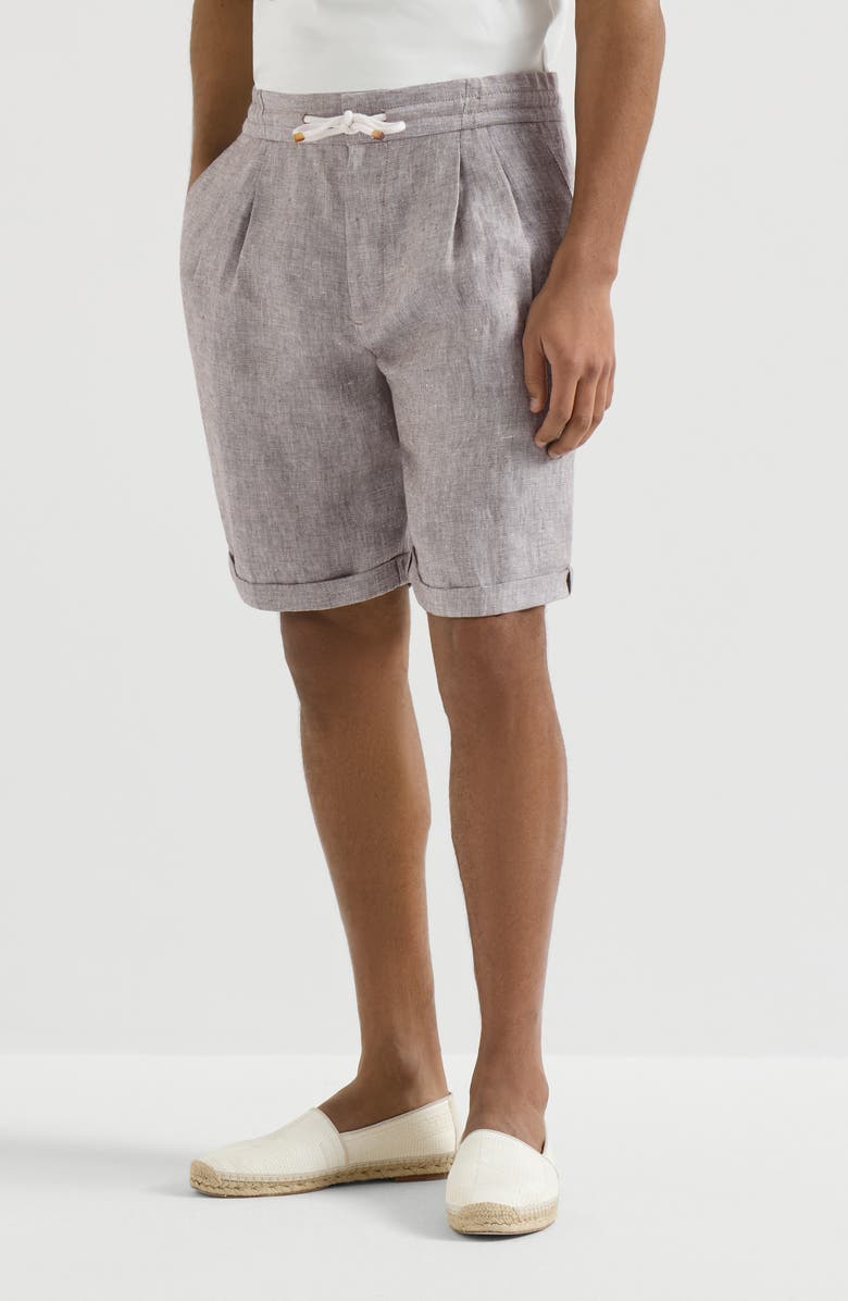 Brunello Cucinelli Double pleated drawstring Bermuda shorts, Main, color, Light Brown