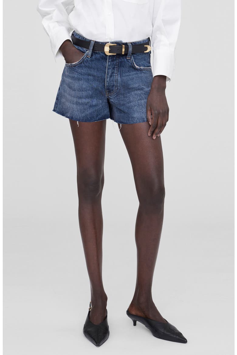 Leya High Waist Cutoff Denim Shorts, Main, color, DARK SEA