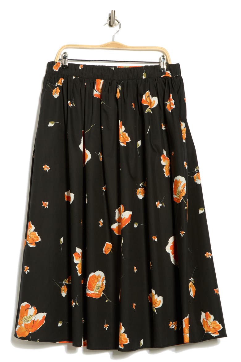 Floral Stretch Cotton Midi Skirt, Alternate, color, BLACK