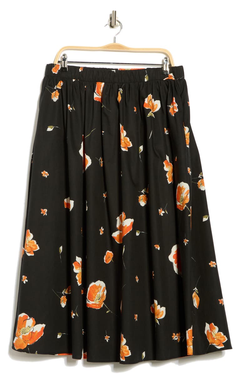 Renee C Floral Stretch Cotton Midi Skirt, Alternate, color, Black