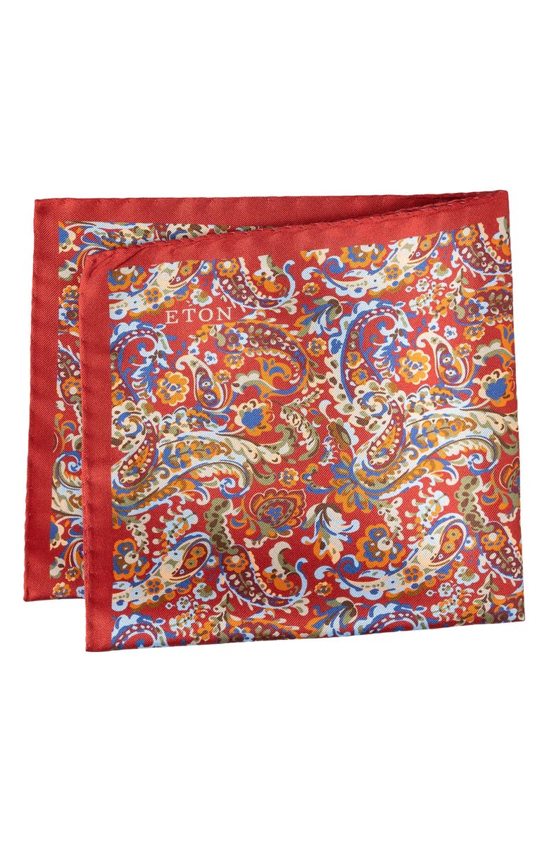 Eton Paisley Silk Pocket Square, Main, color, Medium Red