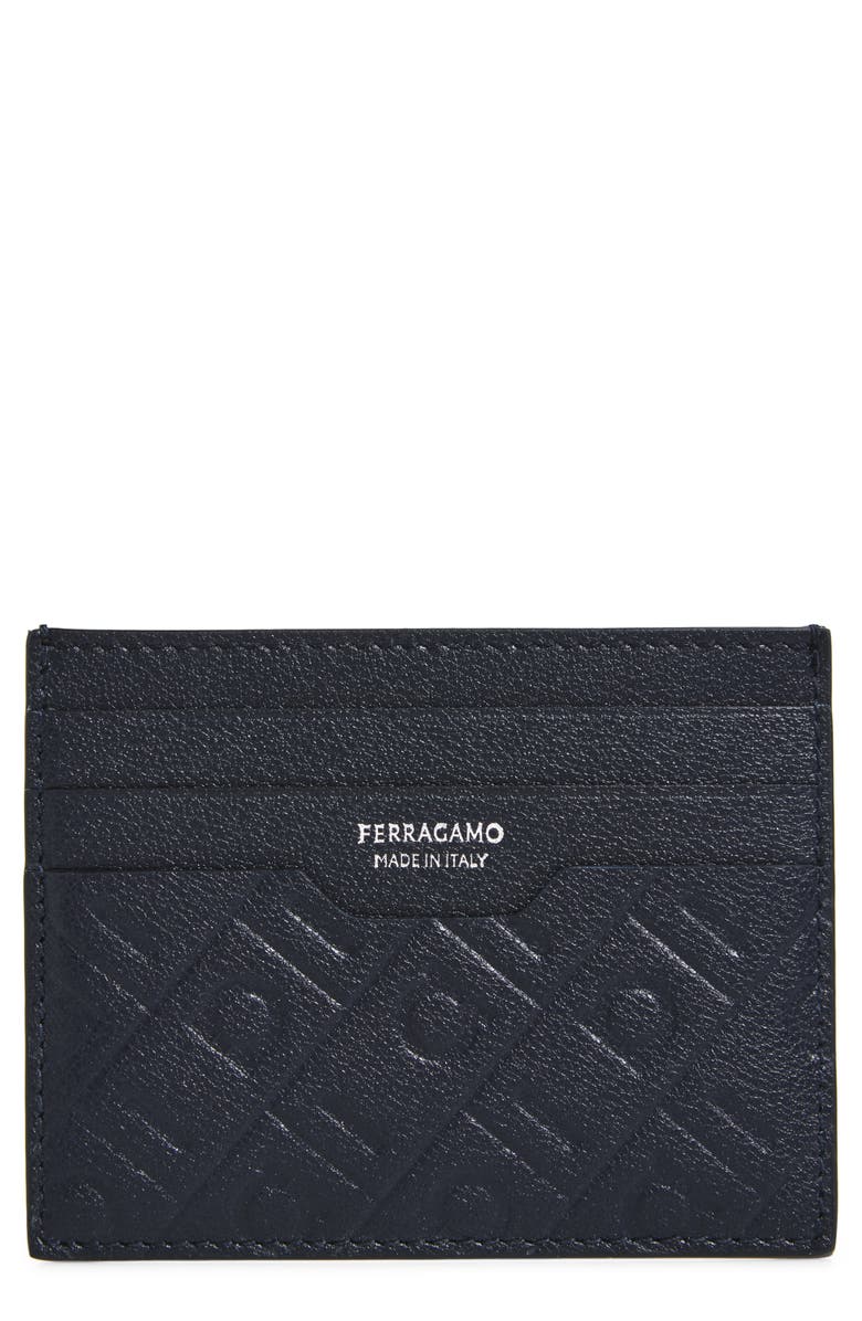 FERRAGAMO Gancio Embossed Leather Card Case, Main, color, Bluemarine