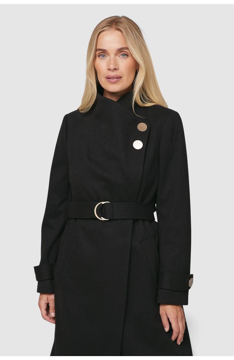 Wallis Petite Funnel Neck Tie Belt Coat, Alternate, color, Black