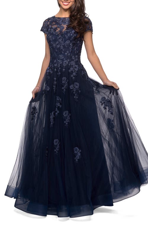 La Femme Long Tulle Gown With Intricate Lace Detailing In Navy
