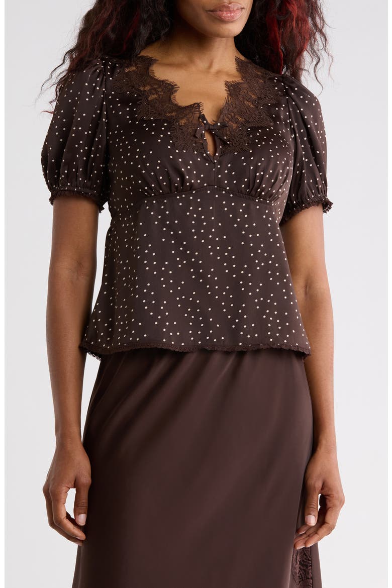 Polka Dot Satin Top with Lace Trim, Main, color, CHOCOLATE POLKA DOT