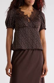 MAX STUDIO Polka Dot Satin Top with Lace Trim