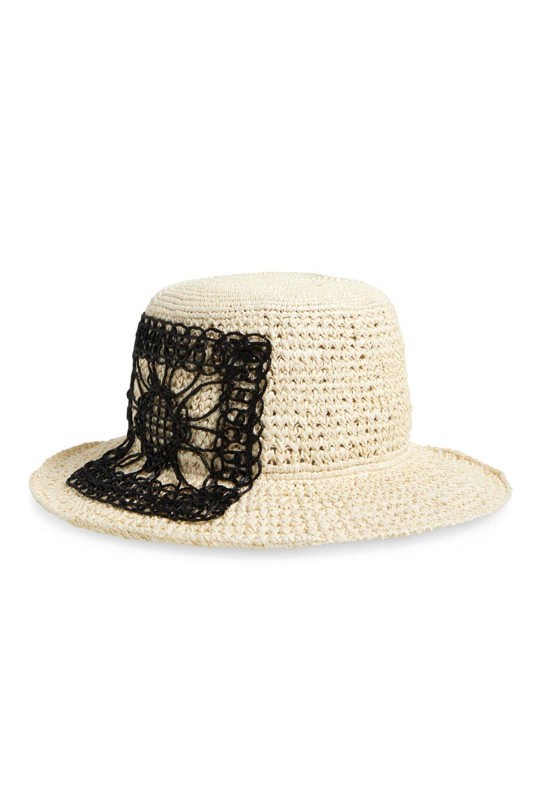 Maeve Straw Crochet Bucket Hat, Main, color, NATURAL/ BLACK