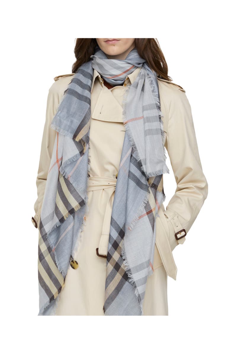 Burberry Wide Reversible Check Wool Silk Scarf, Alternate, color, Wave Blue/Pebble Beige
