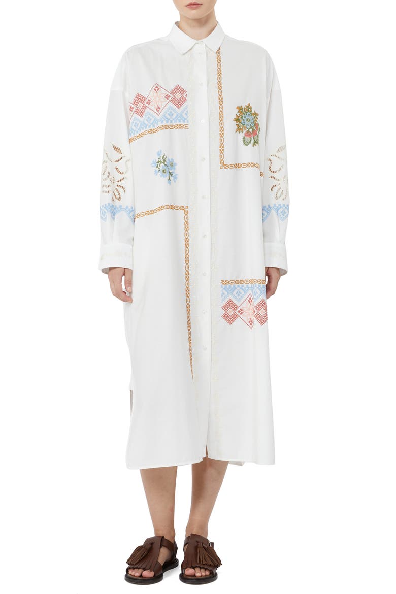 Embroidered Detail Long Sleeve Cotton Shirtdress, Main, color, WHITE