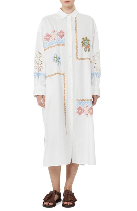 Embroidered Detail Long Sleeve Cotton Shirtdress