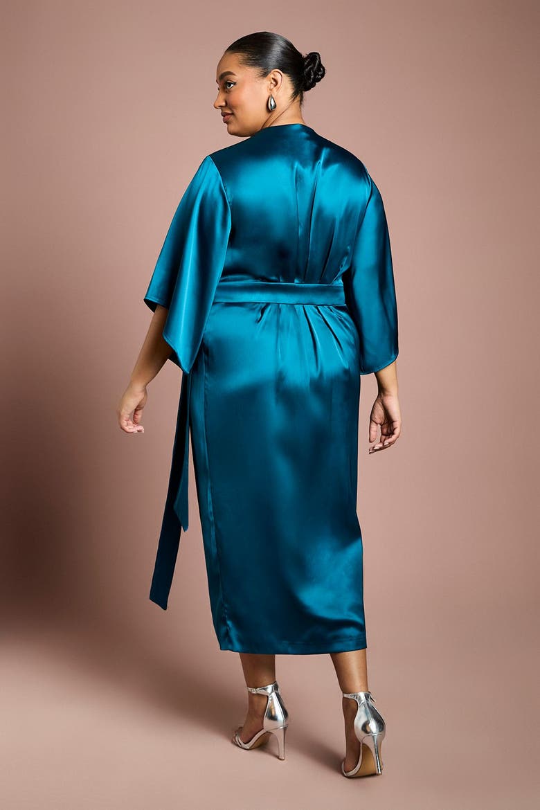 Plus Satin Wrap Midi Dress, Alternate, color, Teal