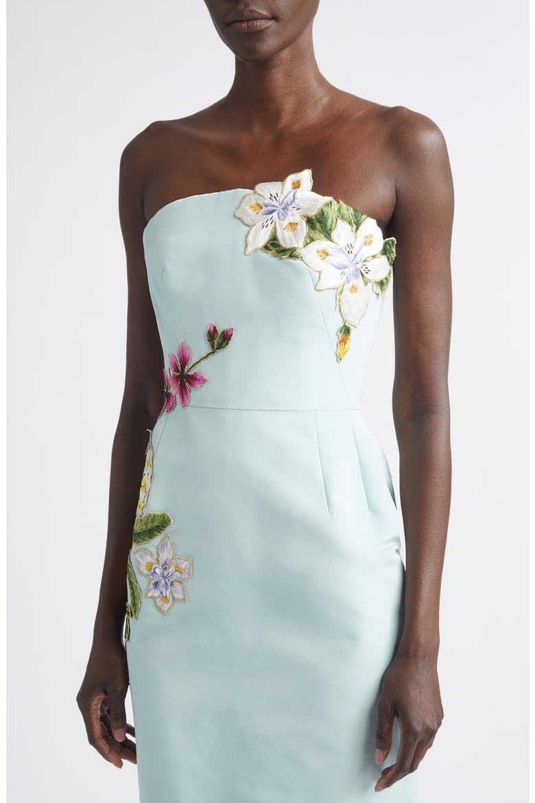 Mixed Botanical Strapless Silk Faille Gown, Alternate, color, SALTWATER