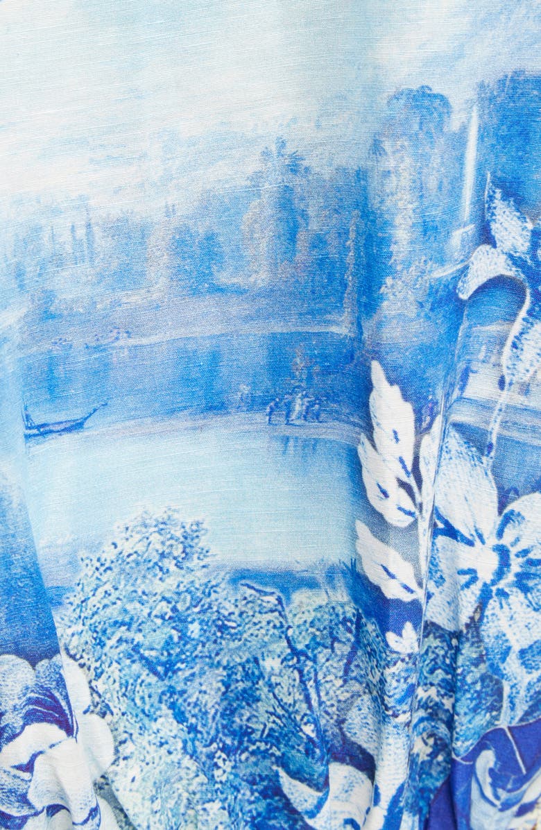 Camilla Button Front Frill Long Sleeve Linen & Silk Minidress, Alternate, color, Azul Adventures