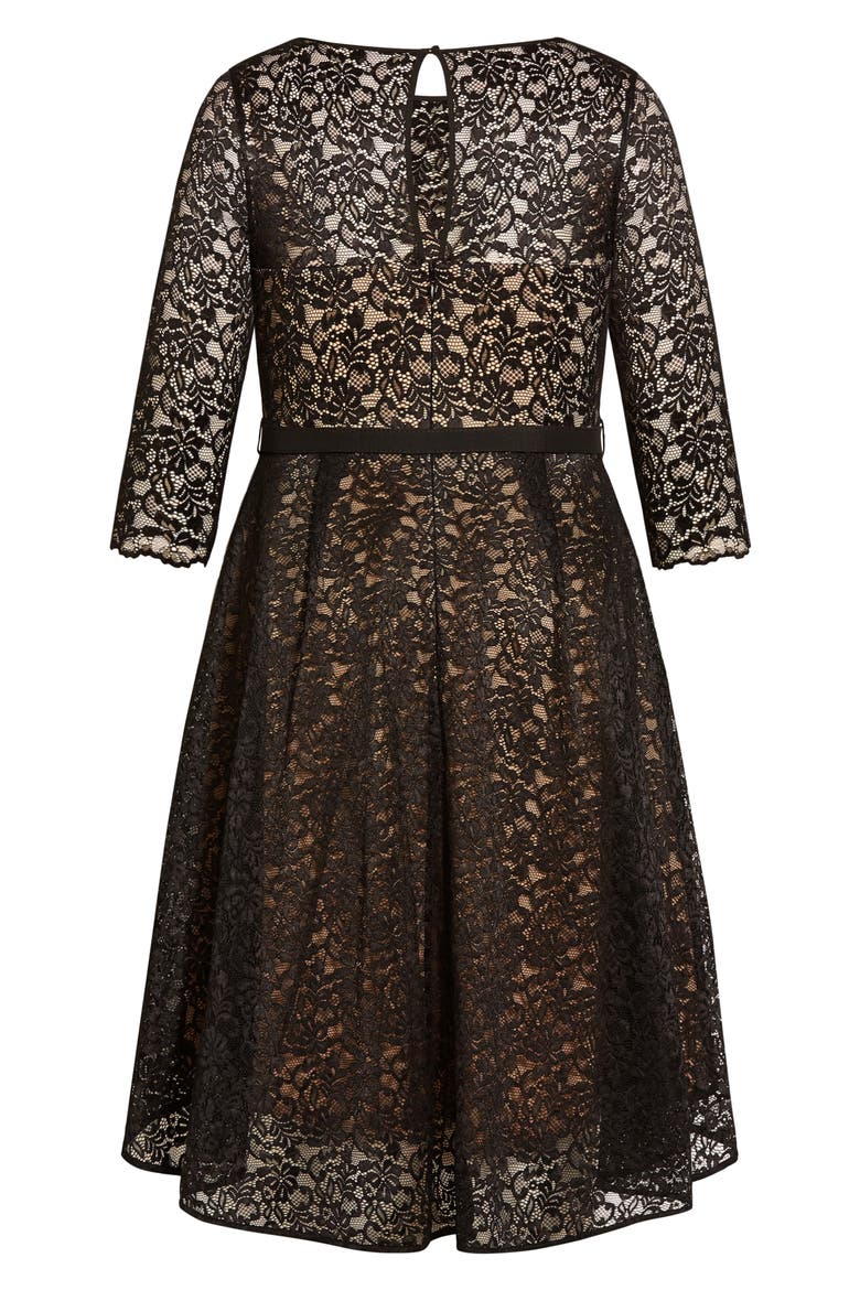 Belted Lace A-Line Dress, Alternate, color, BLACK