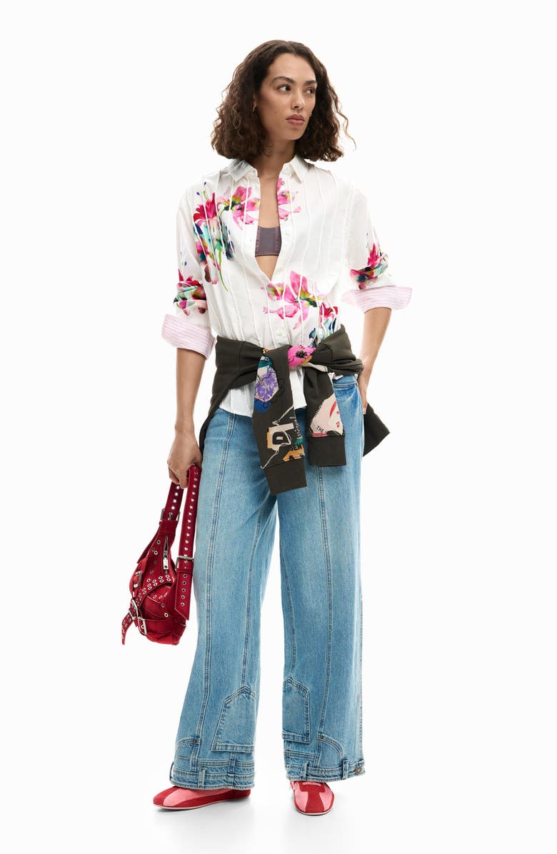 Desigual Placement Print Cotton Button-Up Shirt, Alternate, color, White