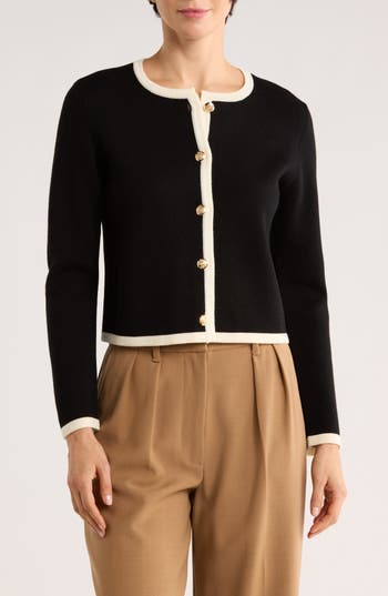 Bruno Magli Tipped Merino Wool Crop Cardigan in Black at Nordstrom Rack, Size Large