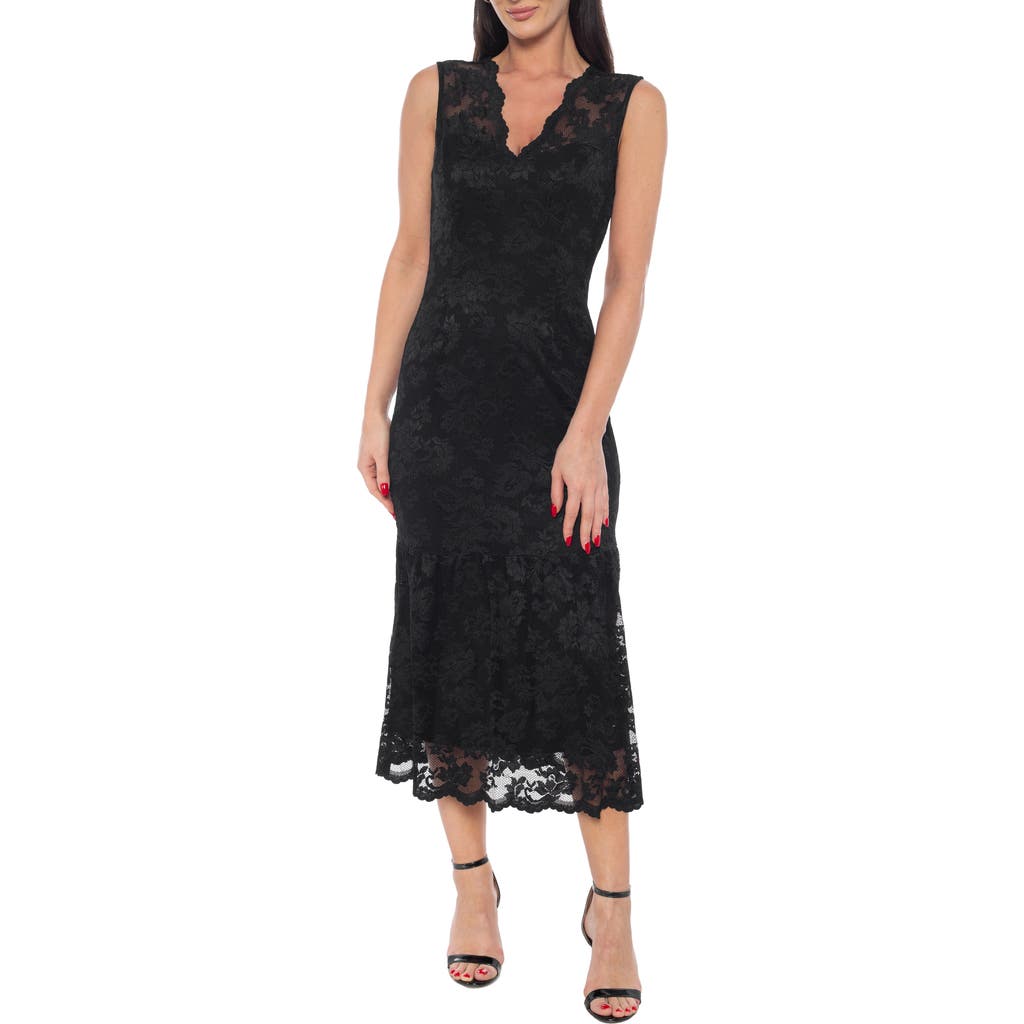 Marina Scallop Lace Sleeveless Midi Dress In Black