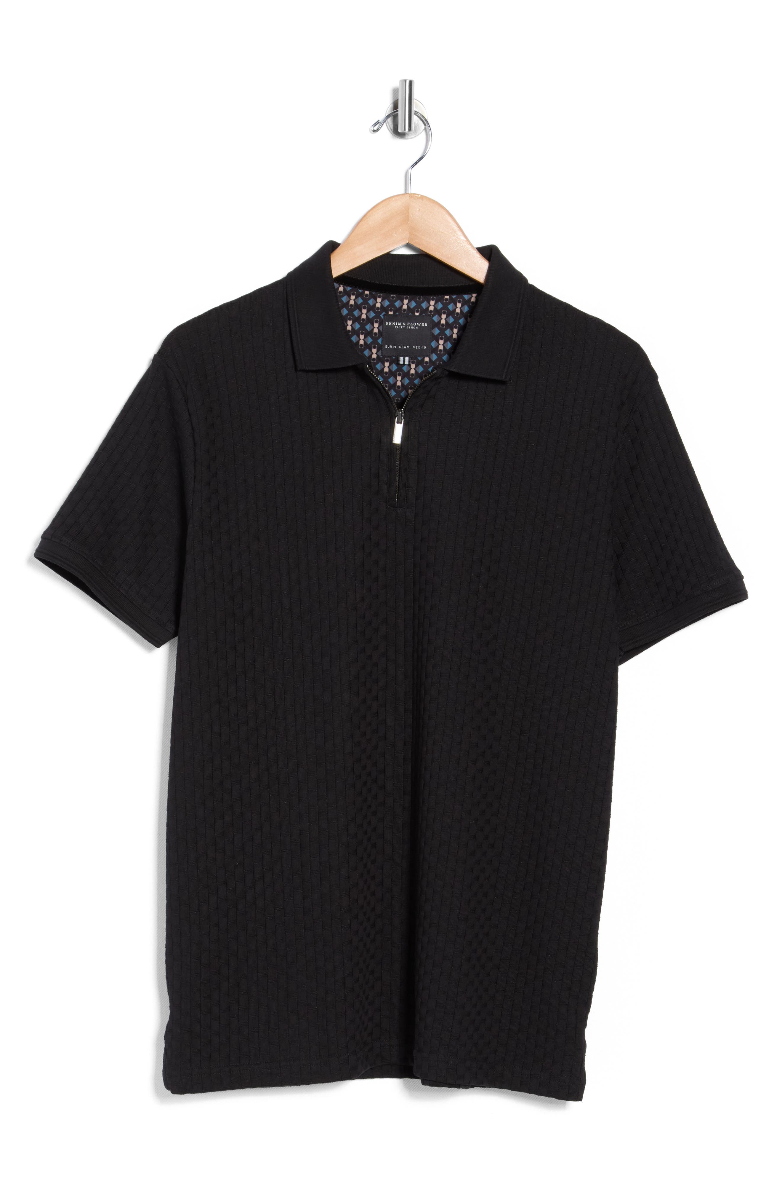 DENIM AND FLOWER Textured Cotton Blend Quarter Zip Polo