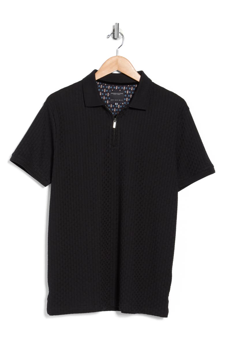 DENIM AND FLOWER Textured Cotton Blend Quarter Zip Polo, Main, color, Black